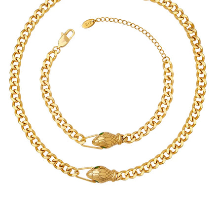 Factory Hot Sale Women's Stainless Steel Snake Head Green Zircon Chain Link Bracelet 18K Gold Plated Trendy for Weddings Parties
