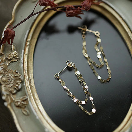 925 Sterling Silver European Geometric Chain Tassel Earrings for Women 14k Gold Simple Temperament Jewelry