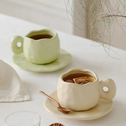 Korean Ins Irregular Hand Pinched Ceramic Coffee Mug and Saucer Set Exquisite Afternoon Tea Cup Set