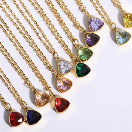 Hot Selling Triangle Twelvemonth Gemstone Birthstone Pendant Necklace Stainless Steel Clavicle Chain Necklaces for Women Jewelry