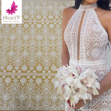 Circle Pattern White Sequins Beads Wedding Bridal White Tulle Beaded Laces Fabrics for Women HY2296