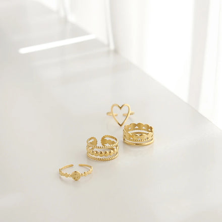 Moge Jewelry Wide Three Layer Round Bead Hollow Heart Opening Index Finger Ring Waterproof Adjustable Ring Set for Women