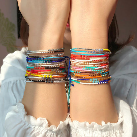 Bohemian Ethnic Jewelry Braided Adjustable Hand Rope Beautiful Colorful Rice Beads Bracelet for Women Girls