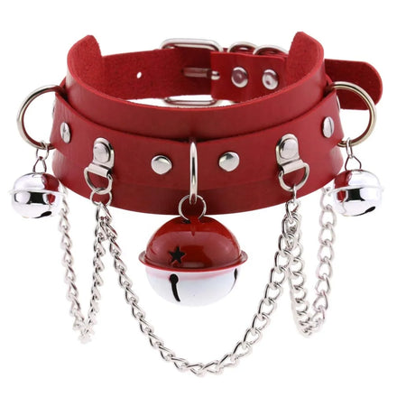 Punk PU Leather Chain Double Layer Collar Two Color Bell Pendant Necklace