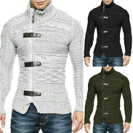 Turtleneck Cardigan Mens Sweater Autumn Winter Patchwork Jacket Vintage Male Knit Sweater Coat Zipper Knitted Sweater Slim Tops