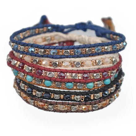 Creative Ethnic Jewelry Vintage Silver Handmade Beaded Bracelets Colorful Double Braided Rope Bracelets for Women Girls