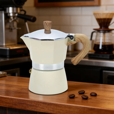 Heat-Resistant Wooden Grip Matte White Finish Octagonal Wholesale Moka Pot Espresso Classic Italian Design Aluminum Moka Pot