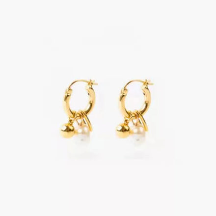 Fenny Tarnish Free Dainty Pearl Gold Bead Double Pendant Hoop Earring Wholesale 18K PVD Plated Stainless Steel Ladies Jewelry