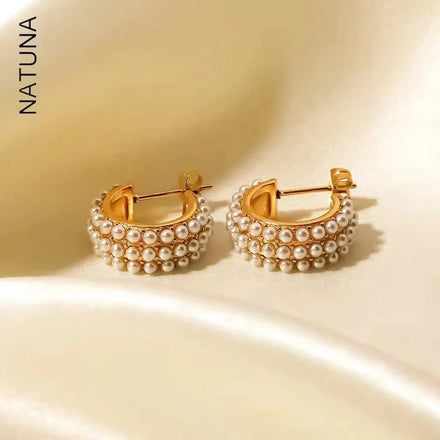 INS Style Pearl Earrings 18K Gold C-Shaped Stainless Steel Inlaid White Pearl Earrings Women's Non Fading Earrings