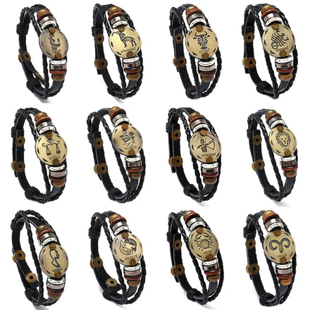 Wholesale Viking Zodiac Sign Bracelet Braided Rope Adjustable Leather Bracelet Men