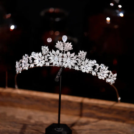 Full Cubic Zirconia Royal Bridal Crown Flower Tiaras Floral Bride Jewelry Crowns Vintage Wedding Hair Accessories
