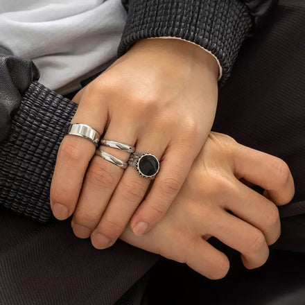 SHIXIN Fashion Rings Rhinestone Vintage Metal Silver Color Black Spray Paint Rings Men's Geometric Stainless Steel 3-piece Sets