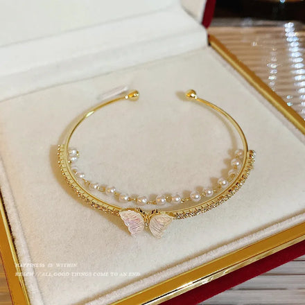 18K Gold Plated Cubic Zirconia Shaped Pendant Bracelet Open Double Layer Butterfly Bracelet Light Luxury Personalized Bangle