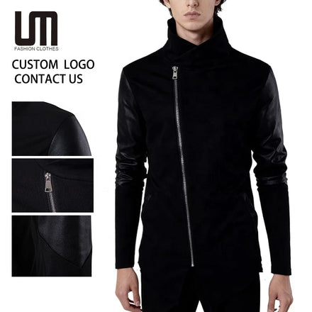Custom Your Brand Logo Fall Winter Men Clothes Streetwear Leather Patchwork Asymmetrical Slim Punk Sweatshirt