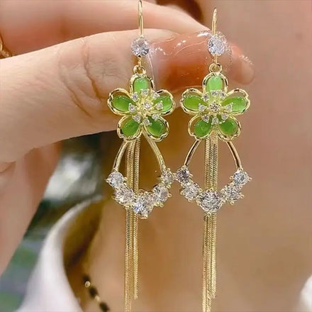 Stylish Opal Flower Drop Earring Sweet Peach Blossom Zircon Earring Temperament Long Tassel Earring for Women