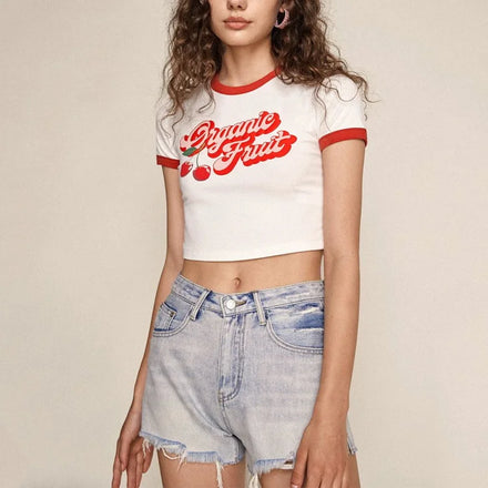 White Printed Fitted Contrast Trim Cropped T-shirt Wholesale Custom Logo Figure Graphic Crop Top Women Casual Short Knitted