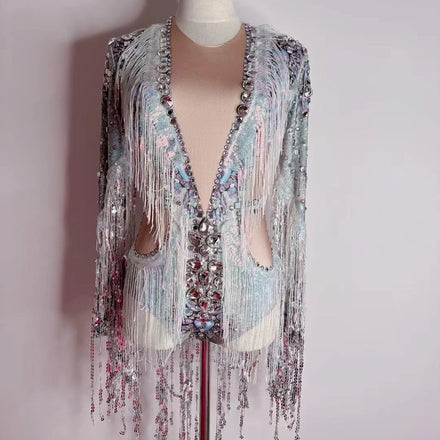 Luxury Club Dancer Singer Leotard Nightclub Party Stage Wear Bling Costumes Silver Stretch Fringes Jumpsuit