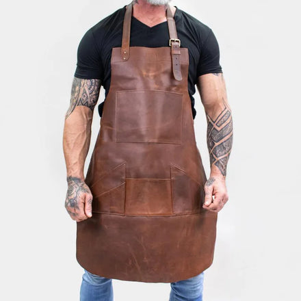 Yellow Brown Leather Super Fiber Double Layer Full Body Neck Hanging Top Layer Mad Horse Barista bar Work Apron PU