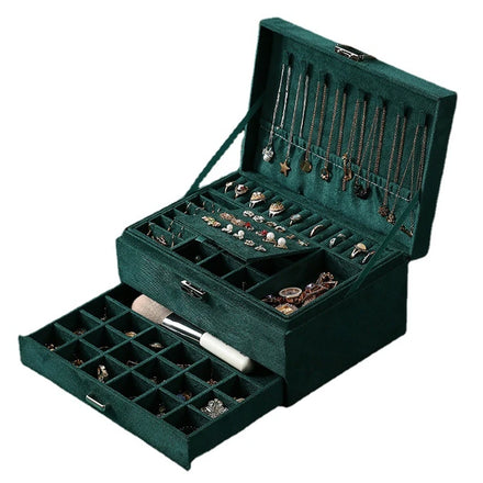 Wholesale Velvet Wooden Jewelry Box Dark Green 3 Layer Jewelry Box with Lock Necklace Earring Ring Bracelet Jewelry Boxes