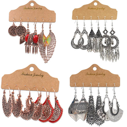 Fine 3 Pieces Set Vintage Hollow Carved Round Feather Tassel Earrings Bohemian Ethnic Earrings Geometric Dangles