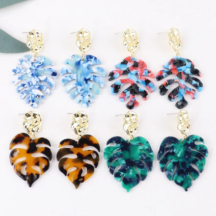 Marble Trendy Bohemian Style Colorful Leopard Print Pattern Tropical Palm Leaves Acetic Acid Plate Hollow Acrylic Drop Earrings