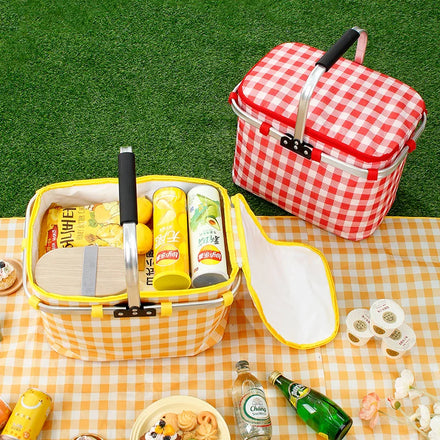 JSJM Camping Equipment Storage Basket Picnic Basket Portable Waterproof Moistureproof Aluminum Rack Picnic Basket 28L