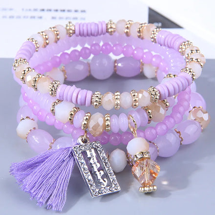 GT Fashion Tassel Happy Engrave Charm Bracelet Handmade Multi Color Crystal Bracelet for Women Wholesale Set Bohemia Jewelry