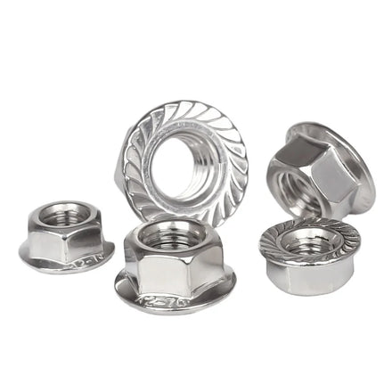 200 Pcs Polished Stainless Steel Flange Nuts M4 M5 M6 M8 M10 M12 M14 M16 Serrated Hex Flange Nuts for Healthcare and Mining