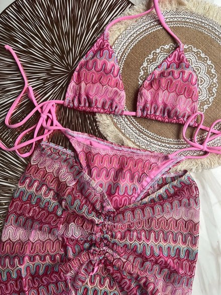 Summer Fashion Bikini Set Women Sexy Backless Hater Bra Top Mini Dress Cover Women Casual Three Pieces Set