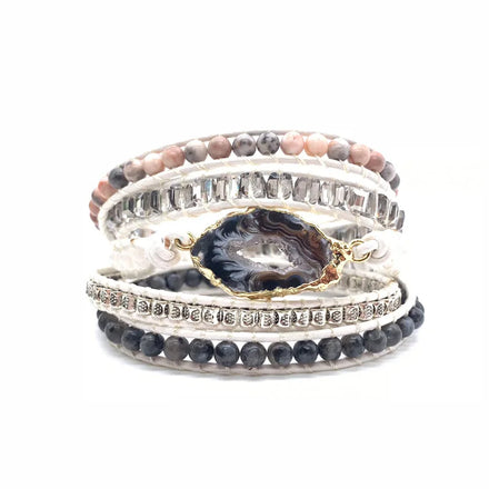 Risingmoon Bohemian Women Leather Bracelet Crystal Stone Bracelet 5-Wrap Around Beaded Bracelets Jewelry for Women