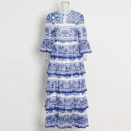 Summer New Blue and White Spandex/Polyester Ink Printing Cake Dress O-Neck Sleeveless Casual Loose Floor-Length Washable Dress