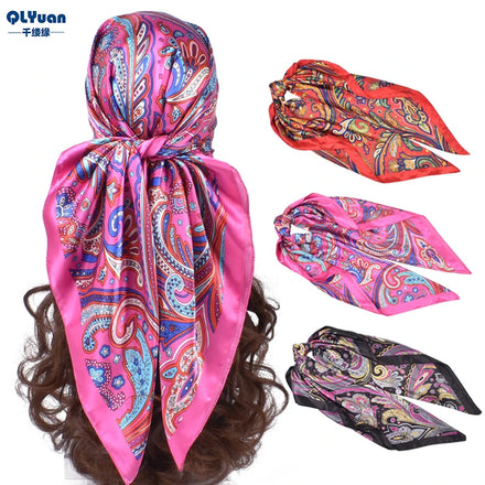 New Arrivals MOQ 100% Polyester Custom Four Seasons Satin Silk 90X90cm Ethnic Scarves Shawls Paisley Multicolor Bandanna Hijab