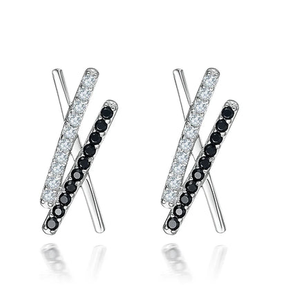 925 Silver Fashion Earrings for Women Black CZ Cross Stud Zircon Geometric Pattern Stylish for Anniversary Party Gift