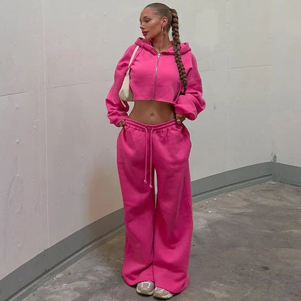 Casual Women Hooded Two Piece Set Crop Top Zipper Jacket Coat Long Pants Sportsuit Matching Set Clothes for Women Outfit