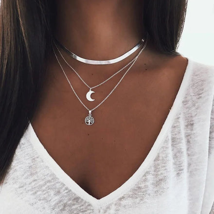 Wholesale Alloy Flat Snake Chain Multilayer Necklace Fashion Simple Geometric Tree of Life Moon Pendant Necklace