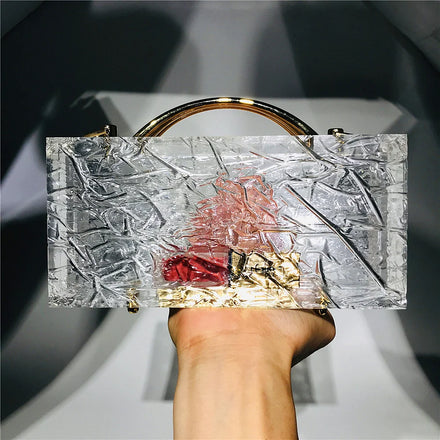 Amiqi HM21 Fashion Clear Ice Crack Acrylic Crystal Party Evening Bag Purse Dinner Wedding Evening Bag Exploded