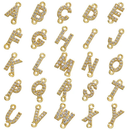 18K Gold Plated Mini Pave CZ Letter Initial Charm Connectors Micro Pave A-Z Alphabet Charms for Bracelet and Necklace Making