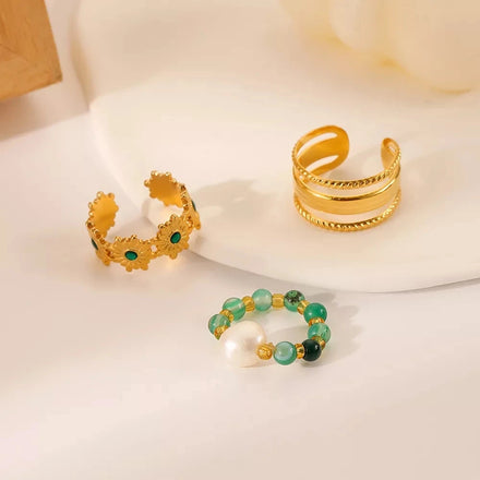 2022 Fashion Creative Stainless Steel Jewelry Rings Set 18k Gold Plated Beads Pearl Flower Open Adjustable Rings for Women