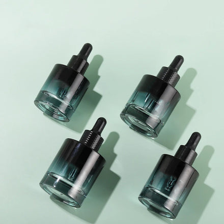 30ml Empty Flat Shoulder Dark Green Glass Screen Printed Eye Dropper Essence Bottle Cosmetic Packaging Black Cover Essential Oil