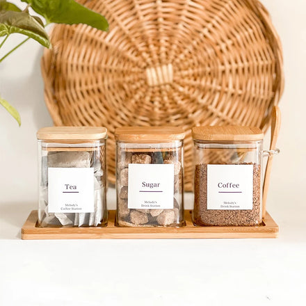 Unique 500ml 3pcs Square Bamboo Lid Glass Kitchen Storage Salt Sugar Spice Seasoning Container Jar Box Set with Spoon and Tray