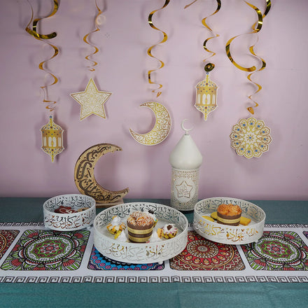 MAIFENG New Muslim Home Decoration Gold Comfortable Iron Serving Tray Cake Stand 2.95cm for Eid and Ramadan Festival Dinner Use