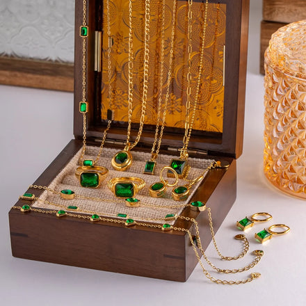 Waterproof 18k Gold Plated Stainless Steel Jewelry Zircon Green Necklace Set for Women