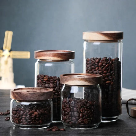 Hot Customized Kitchen Organizer Borosilicate Jars Glass With Acacia Wood Screw Lid for Building House Airtight Canister Bottle