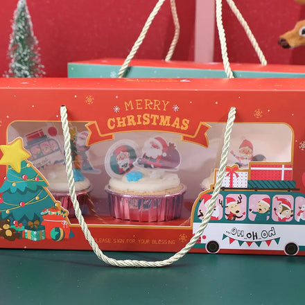 10Pcs/Bag 3 Cupcake Liners Paper Insert Holder Red Window Muffin Bakery Cupcakes Christmas Recyclable Box Handle for Candle