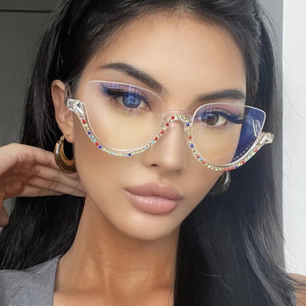 2023 in Stock Women Fashion Half Frame Diamond Eyeglasses Frames Cat Eye Rhinestone Glasses Frames