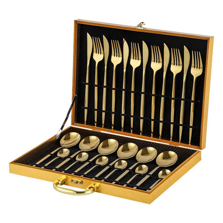 Portuguese Gold Cutlery Spoon Set 24 Pcs Stainless Steel Household Flatware with Wooden Box Set