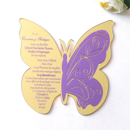 Gold Mirror Acrylic Luxury butterfly Wedding Invitation Cards Purple Color Invites