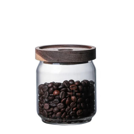 Wide Mouth Round Borosilicate Glass Kitchen Storage Jar Set Hollow Structure Acacia Wood Lid 650ml Capacity Modern Decoration