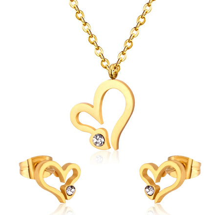 Best Selling Simple Fashion Charm Jewelry Set Stainless Steel 18K Gold Heart Zircon Pendant Women Luxury Necklace Stud Earrings