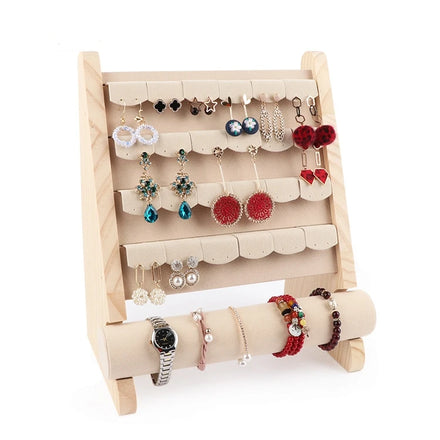 Beige Bevel Wood Microfiber Detachable Modern Jewelry Display Stand for Earrings Bracelets Watch Hair Hoops 32Hx26.5Wx16.5Dcm